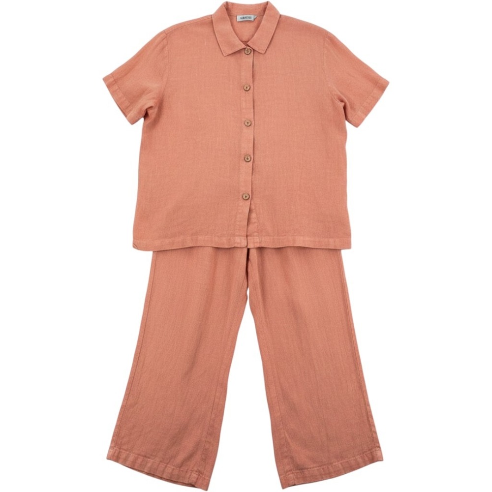 Hot Cotton Pant Set Womens L 2 Piece Shirt Pants‎ Coral Peach Cotton AE141